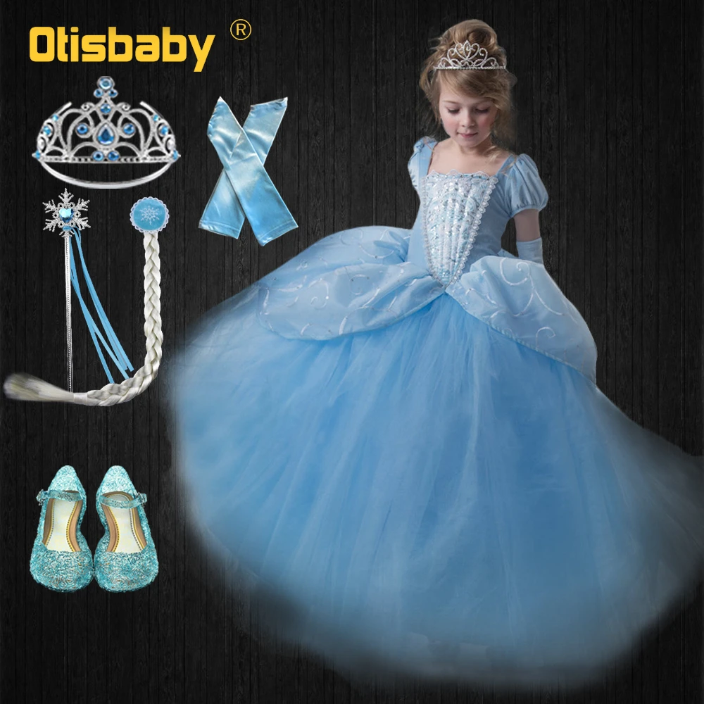 

Girls Blue Ball Gown New Movie Princess Cosplay Elsa Costume Fairy Tail Blue Children Wedding Party Elegant Sheer Prom Dresses