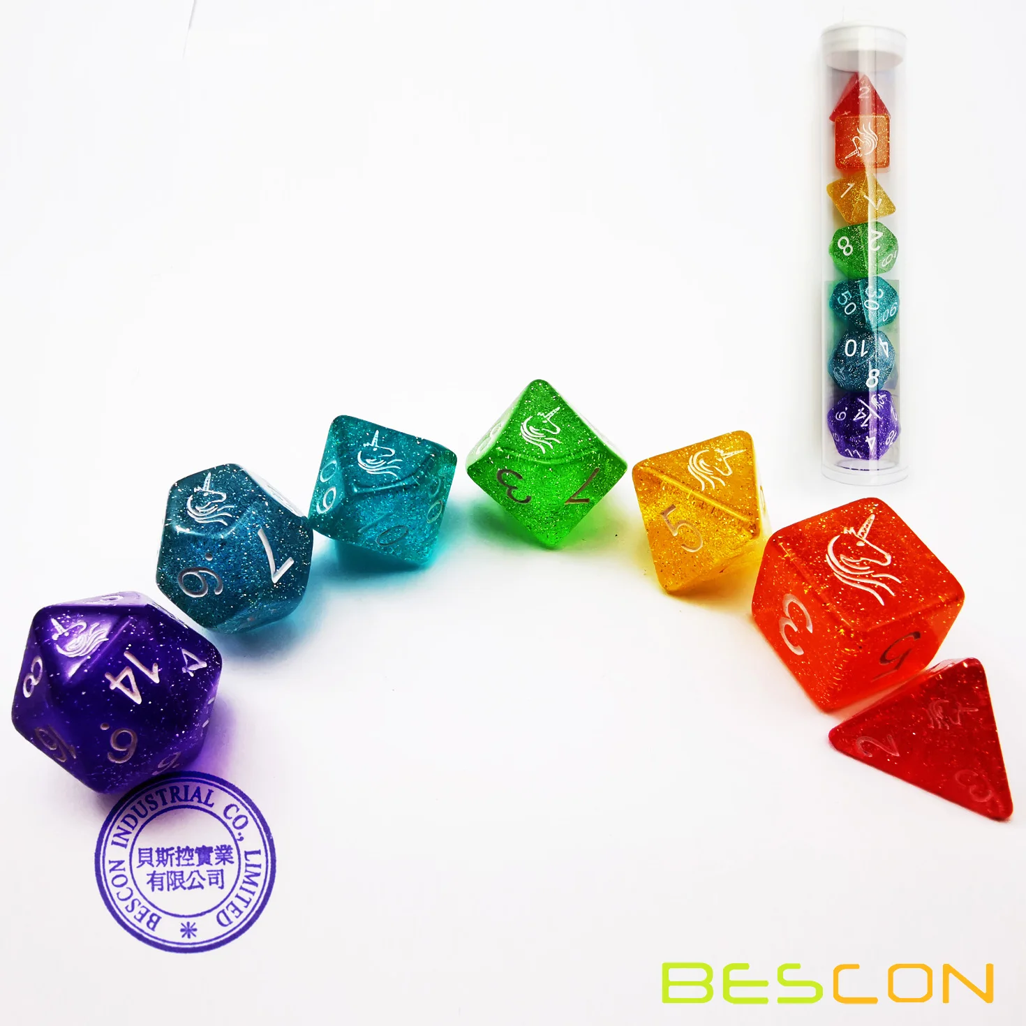 Bescon Unicorns Rainbow Sparkled Polyhedral D&D Dice Set of 7 Colorful RPG Role Playing Game Dice 7pcs Set