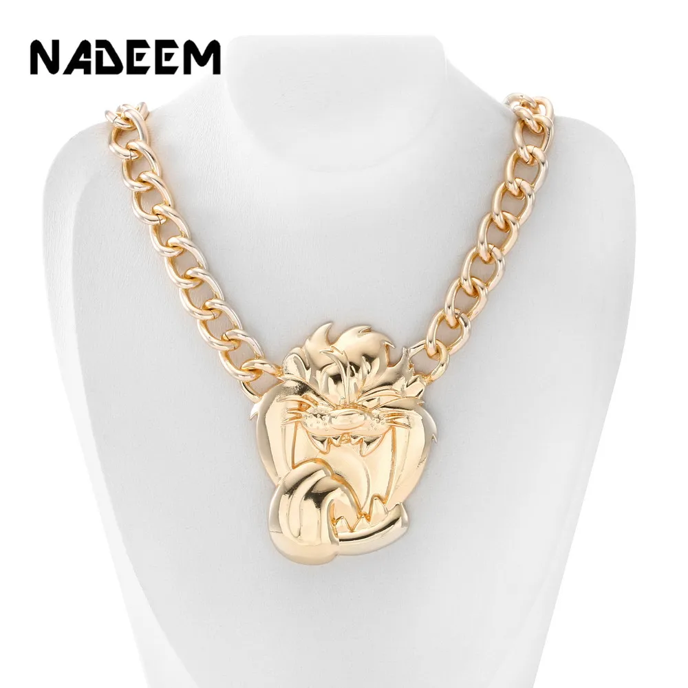 NADEEM Newest Men's Hip Hop Gold Color Pendant Necklace Jewelry Vintage Punk Design Big Roaring Lion Head Pendant Chain Necklace