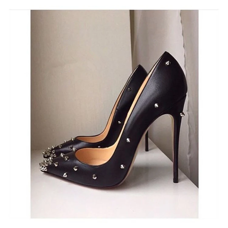 Carpaton Sexy Rivets Studded High Heel Shoes Woman Black White Leather Thin Heels Pumps Super High Slip on Dress Heels 36-42