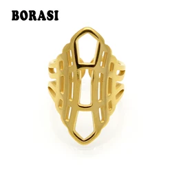 New Fashion Vintage Big Ring Antique Stainless Steel Gold Color Hollow Geometry  Rings For Women Size 6 7 8 9 Turkish Jewelry