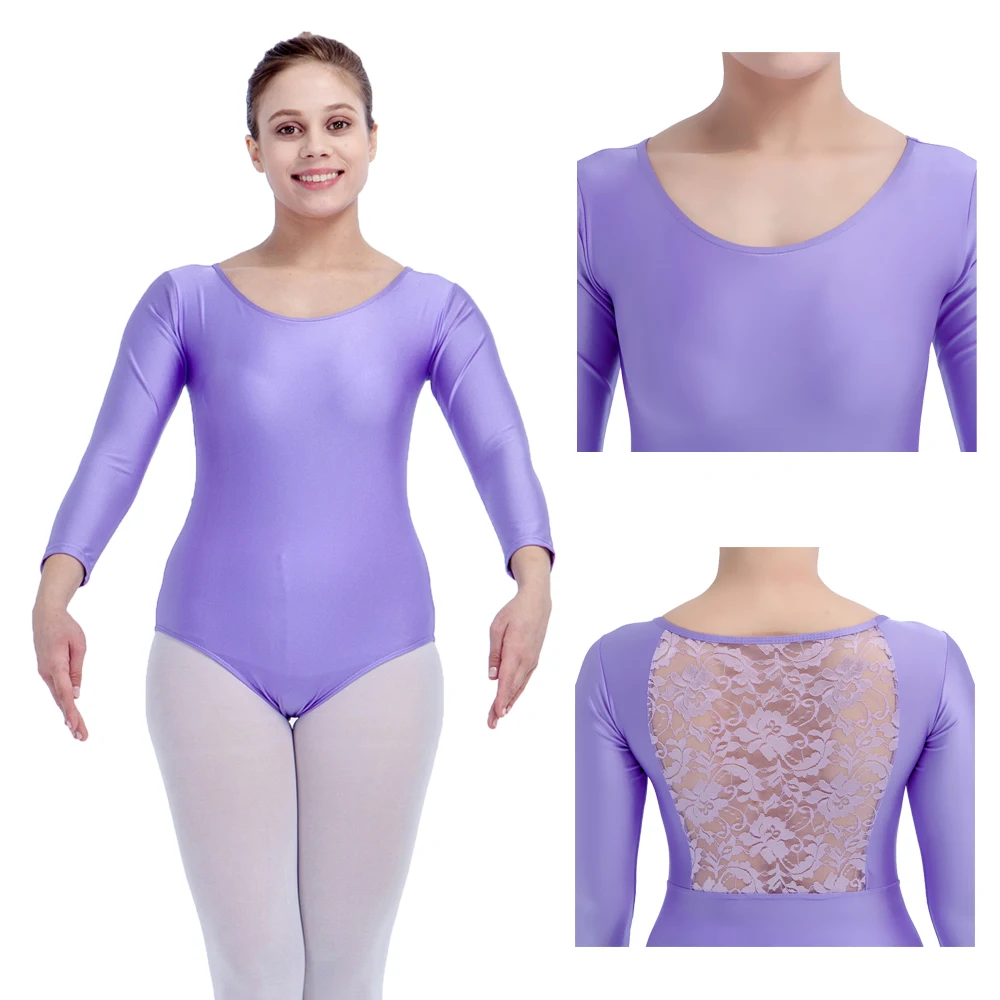 Light Grape NylonLycra Lace Long Sleeves Ballet Dance Leotard Pink Girls Dancewear Women Bodysuit