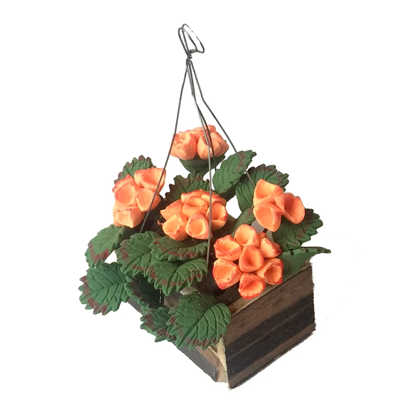 Miniature Hanging Basket Flower Orange Hydrangea 1:12 Dollhouse Clay Plant OP059