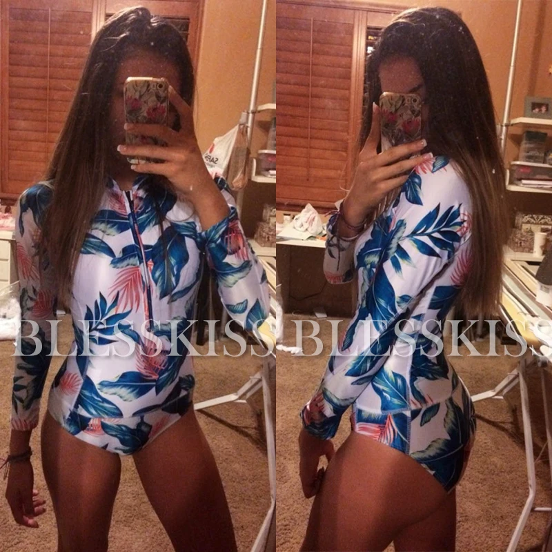 1 One Piece Swimsuit Women 2022 Plus Size Long Sleeve Zipper Swimwear Bathing Suit Print Floral Onepiece Swim Suit Surfing Wear