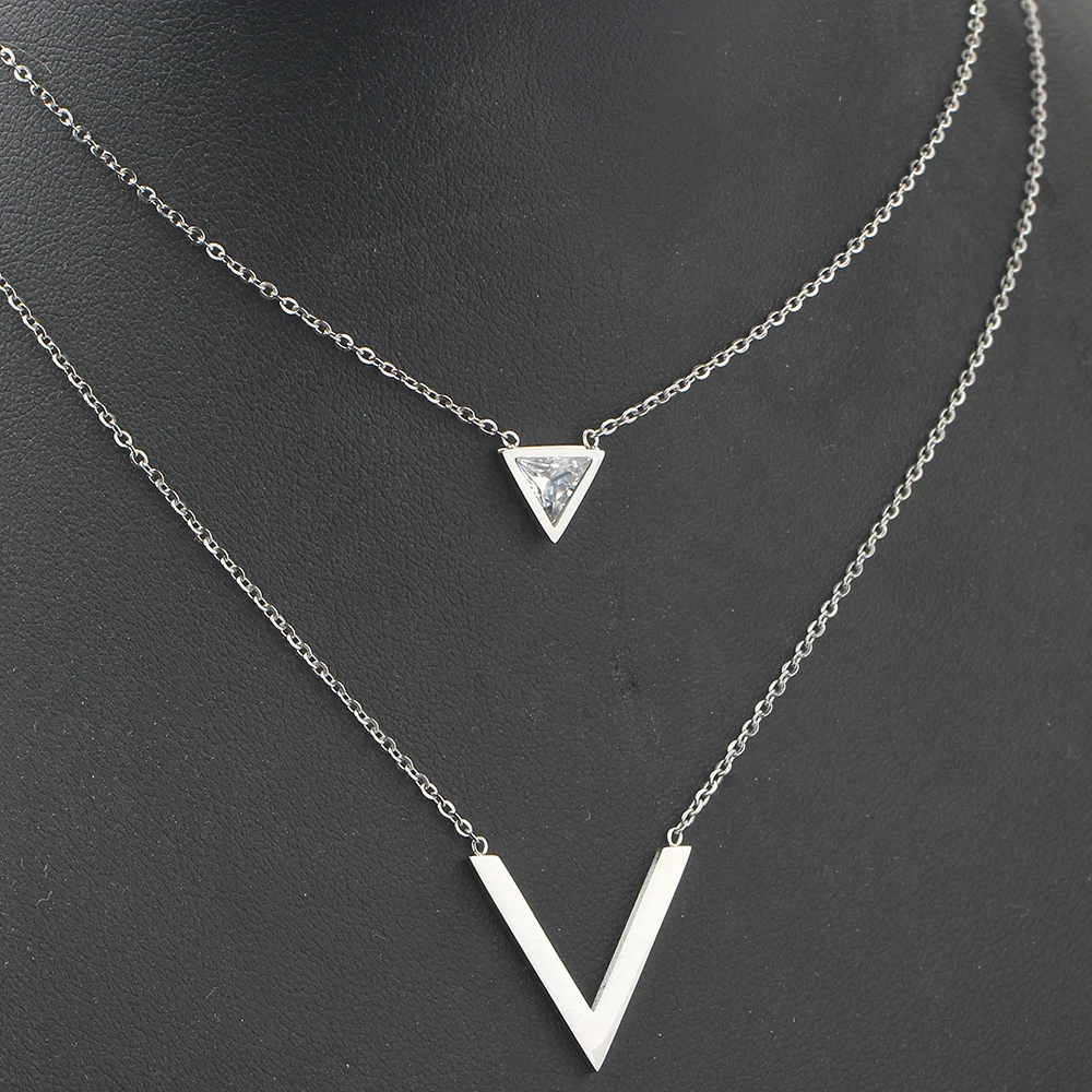 Gold-Color Double V Shape 316L Stainless steel Necklace For Women Geometric Triange Cubic Zirconia Pendant & Necklace - Image 4