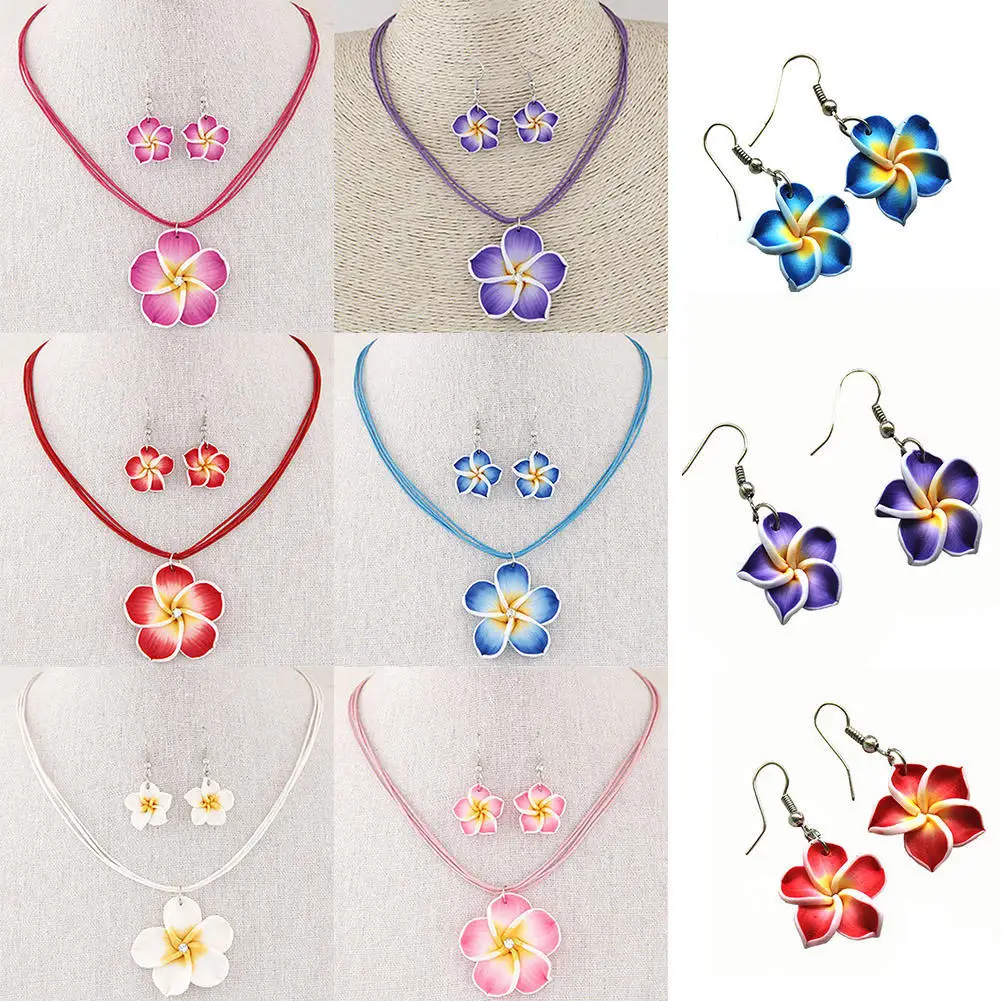 Women\'s sweet Plumeria Flowers Jewelry Sets Polymer Clay Fimo Earrings  Pendant Necklace