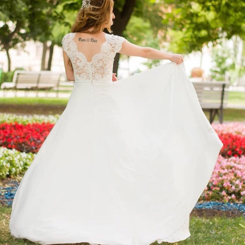 Vestido de novia largo de Playa con mangas de casquillo, cuello en V, gasa, bohemio, con apliques delanteros, vestido de novia dividido