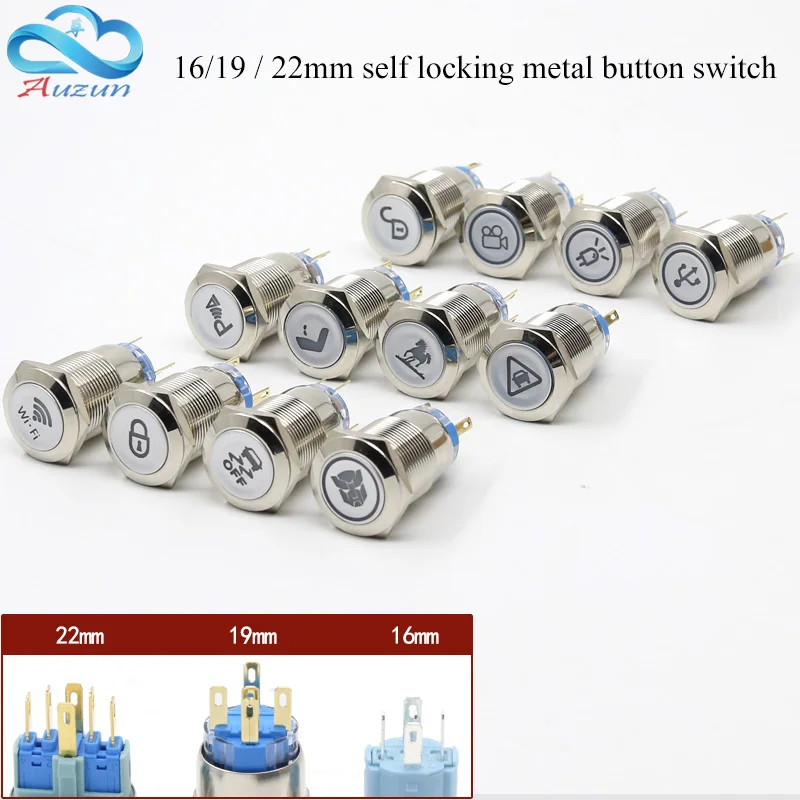 16/19/22MM Metal Push Button Switch Self-lock Multiple Graphics Can Be Customized Total Switch 12/24/110/220v Usb Wifi