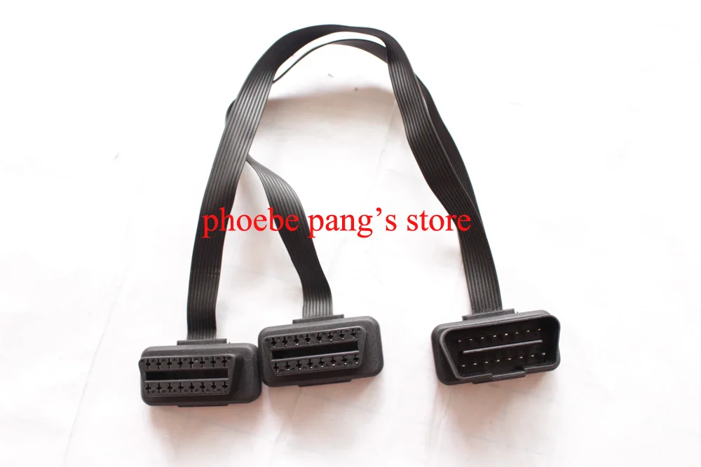 100pcs DHL 30CM flat 16Pin OBDII OBD2 Splitter Extension Cable Male to Dual Female ports Adapter Y Cable J1962M to 2 J1962F