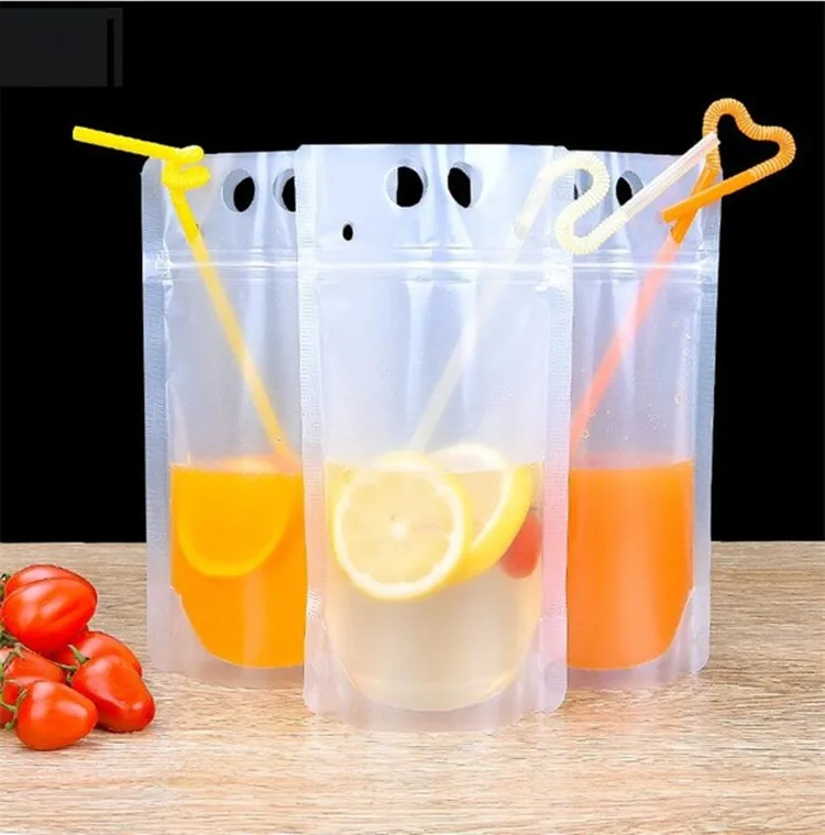 100pcs Bags+Straws Capacity 400~500ML Plastic Party Drinking Pouches Summer Festival Fruit Juice Coffee Milk Liquid Beverage Bag