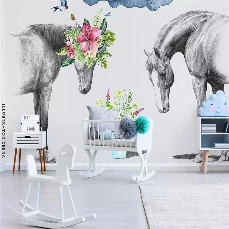 Decorative wallpaper Nordic creative flower black and white couples horse background wall painting