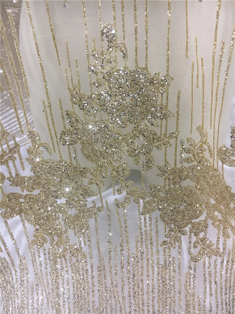 

Gold color Glued glitter sequins Tulle Lace Fabric H-120135 top Selling Lace Fabric glued glitter lace fabric for party