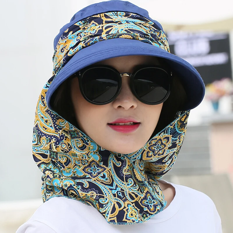 Women Anti-UV Sun Hat Beach Foldable Sunscreen Floral Print Caps Neck Face Care Wide Brim Hat New Summer Outdoor Riding