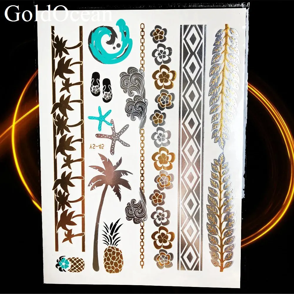 Summer Bracelet Gold Metallic Temporary Tattoo Stickers Coconut Tree Girl Arm Waterproof Tattoos Women Body Art Flash Tattoo Leg