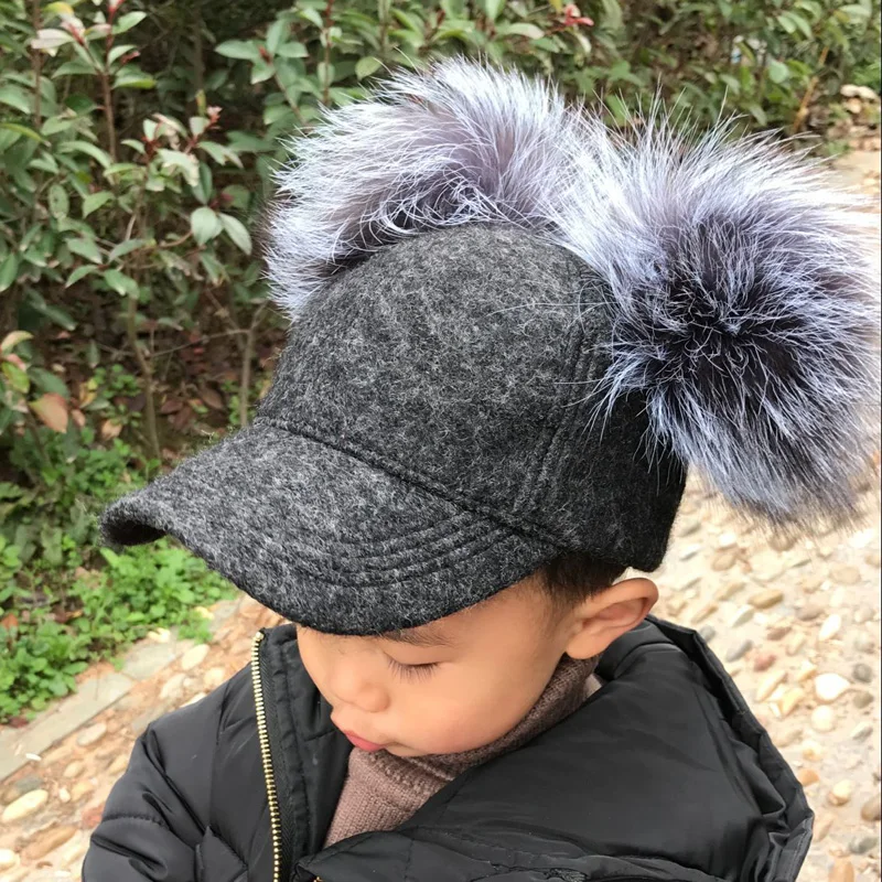 Real Silver Fox Fur Pompom Winter Hat For Women Kids Cartoon Two Pom Poms Baseball Caps Brand Snapback Hip hop Hat Cap