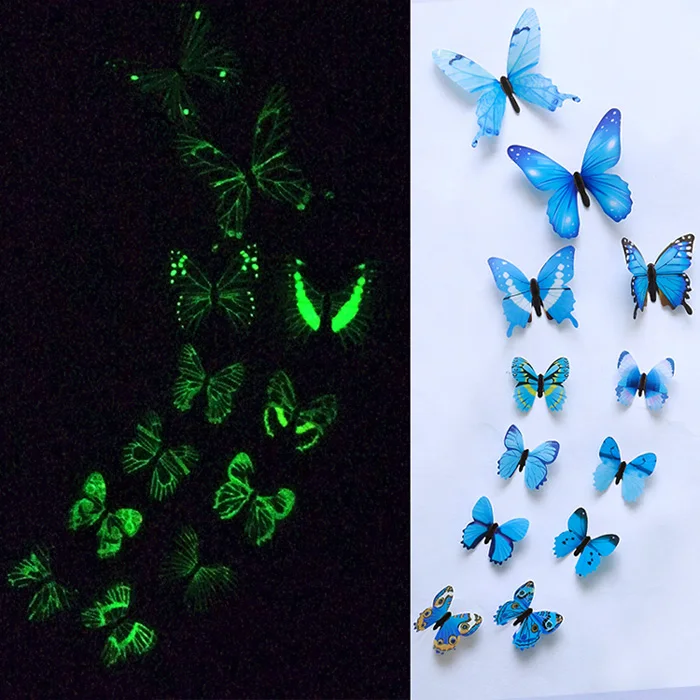 12pcs/conjunto Luminoso Butterfly Wall Adreters Butterflies para decoração de festa de casamento Decalques de geladeira 3D Decalques de parede papel de parede