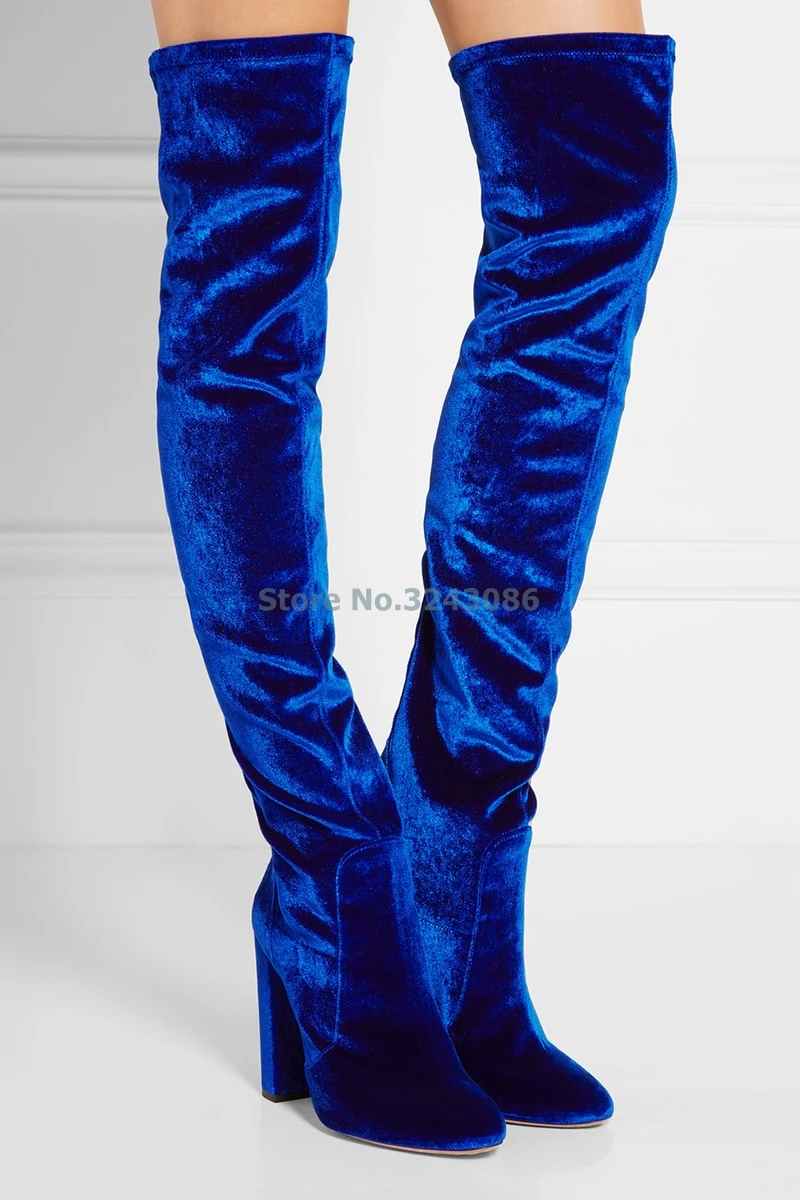 Pointed Toe Chunky High Heels Boots Pink Black Royal Blue Gray Suede Over The Knee Boots Sexy Tide High Women Long Boots