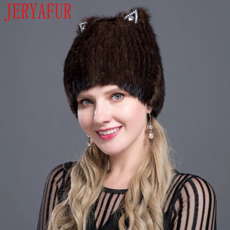 JERYAFUR   Fashion Mink Fox Fur Hat Winter Women Cat Ears Style Cute Mink Fur Cap Ski Cap Fur Cap