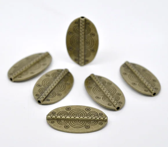 Vintage Spacer Beads Oval Antique Bronze Color Geometric Carved Loose Beads DIY Necklace Jewelry Gift About 37mm x 22mm,2-10PCs