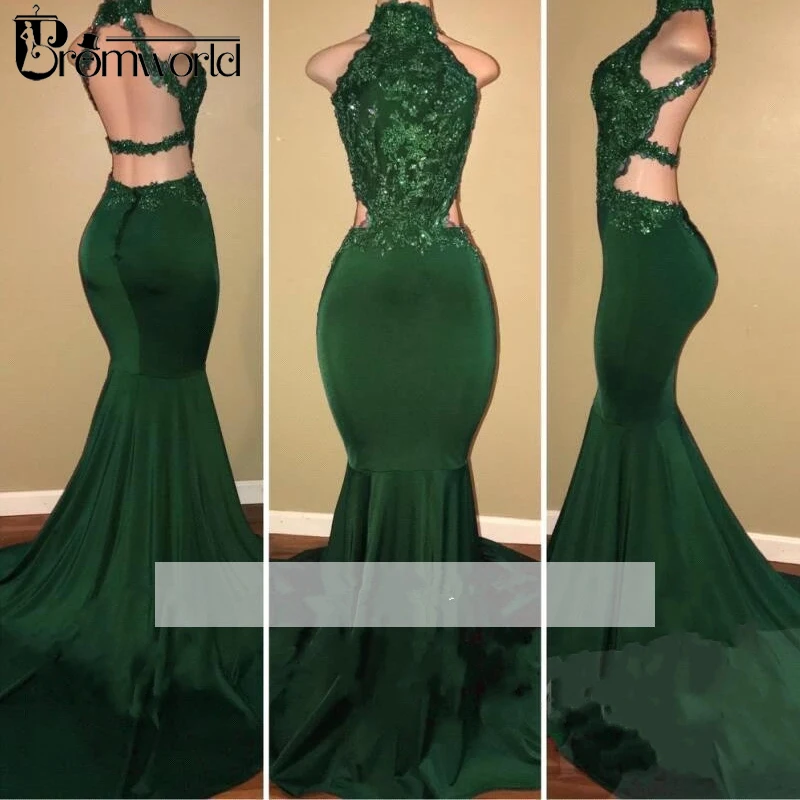 

Emerald Green 2022 Prom Dresses Mermaid Halter Appliques Beaded Backless Long Prom Gown Evening Party Dress Robe De Soiree