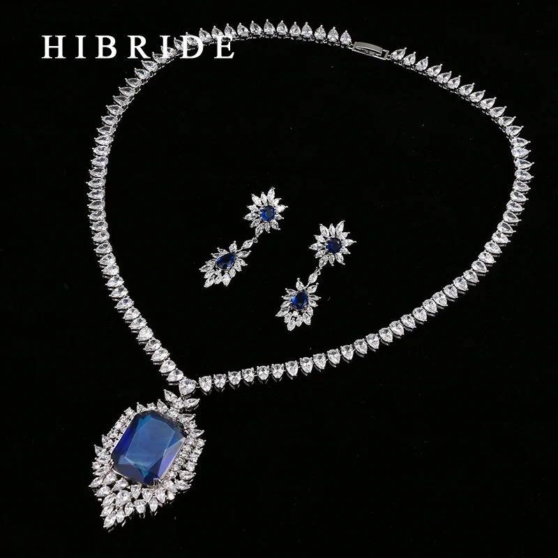 HIBRIDE Luxury White Gold-Color Dark Blue AAA Cubic Zirconia Fashion Women Jewelry Sets N-58