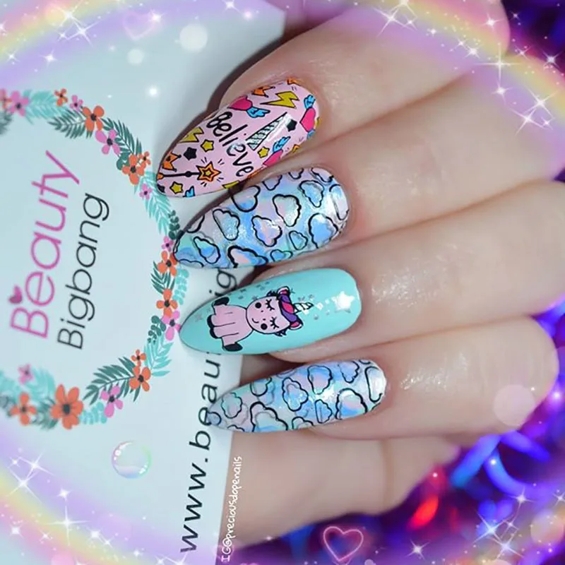 BeautyBigBang 6*12CM Nail Stamping Plates Rectangle Nail Art Stamp Cute Dog Unicorn Image Template Stamping For Nails BBB XL-007
