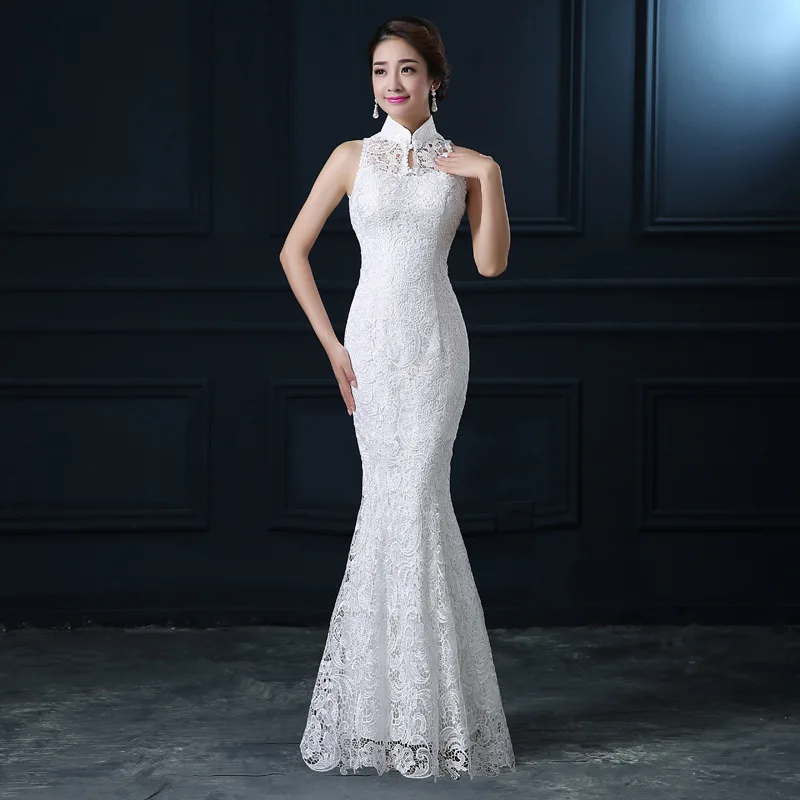 

Qipao White Lace Cheongsam Modern Chinese Traditional Wedding Dress Women Oriental Collars Sexy Long Qi Pao evening mermaid gown