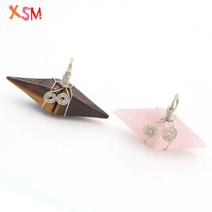 XSM Silver Plated Natural Rose Quartzs Tiger Eye Stone Pyramid Double Cusp Wire Wrap Handmade Pendant Jewellery 1 Pcs