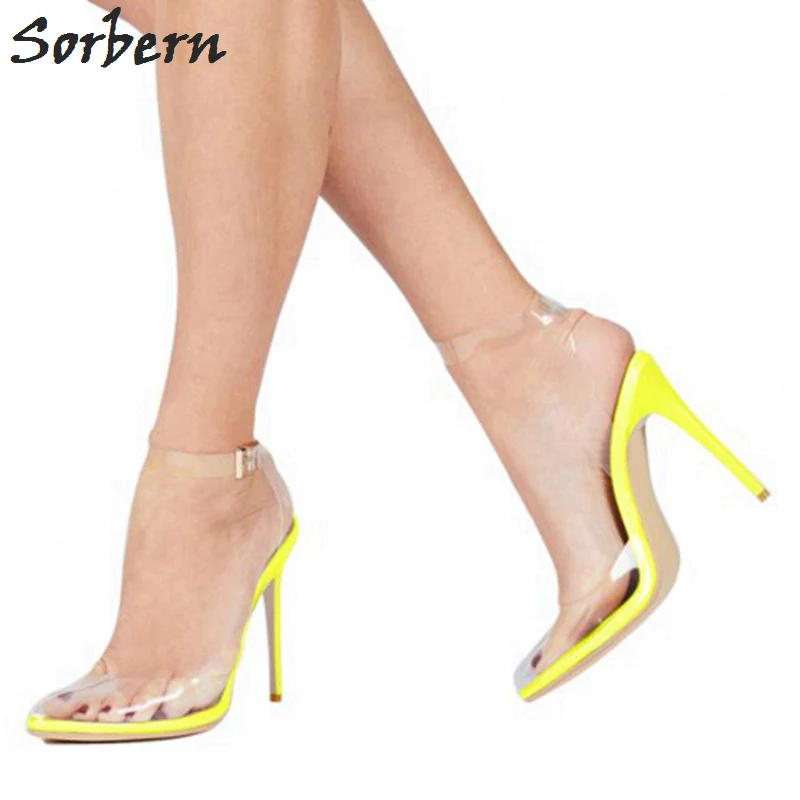 

Sorbern Yellow Patent Leather Transparent Plastic Slingback Pump Women High Heel Stilettos Cute Round Toe Ankle Strap Summer