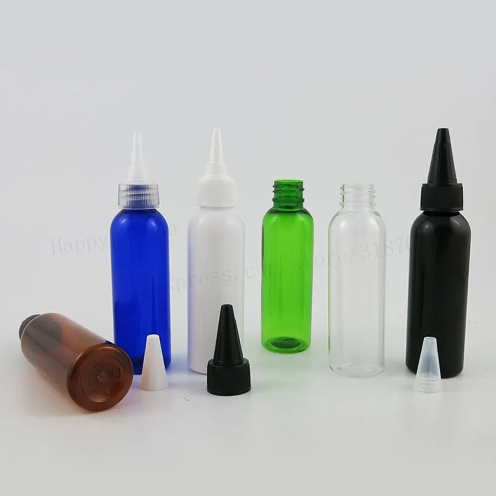 100 x 60ml Clear Amber White Black Green Blue Empty PET Plastic Bottle With PP Pointed Mouth Cap Packaging Cosmetic Container