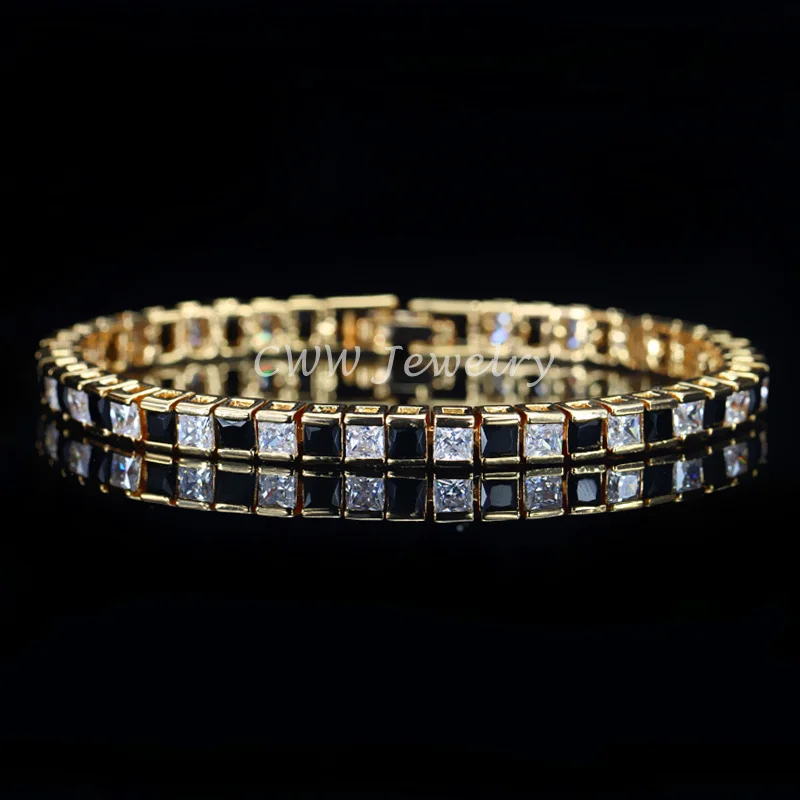 CWWZircons Exclusive Yellow Gold Color Square Cut Fashion Women Jewelry Cubic Zirconia Crystal Tennis Bracelet for Party CB190