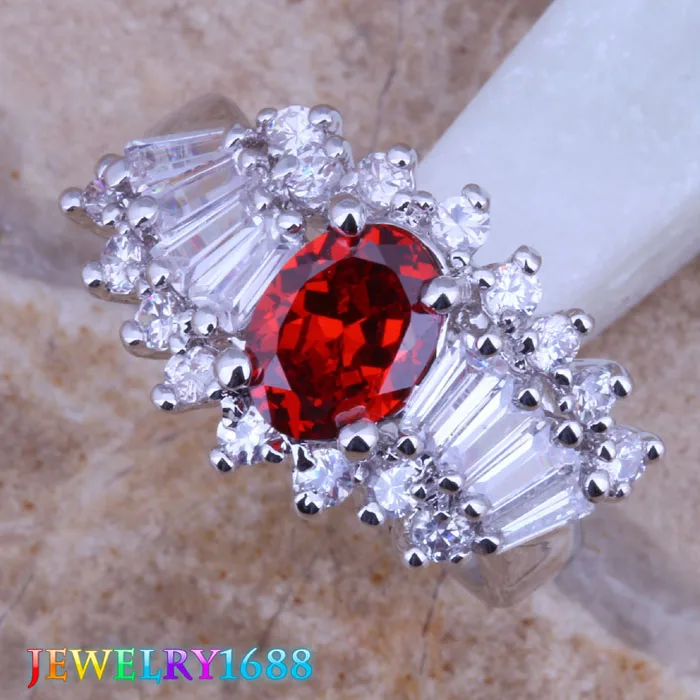 Superb Red Garnet White CZ Silver Plated Ring Size 7 / 8 D340