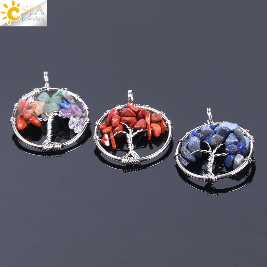 CSJA Tree of Life Necklace & Pendant Silver Color Crystal Natural Gem Stone Chip Beads 7 Chakra Wire Wrapped Women Jewelry F141