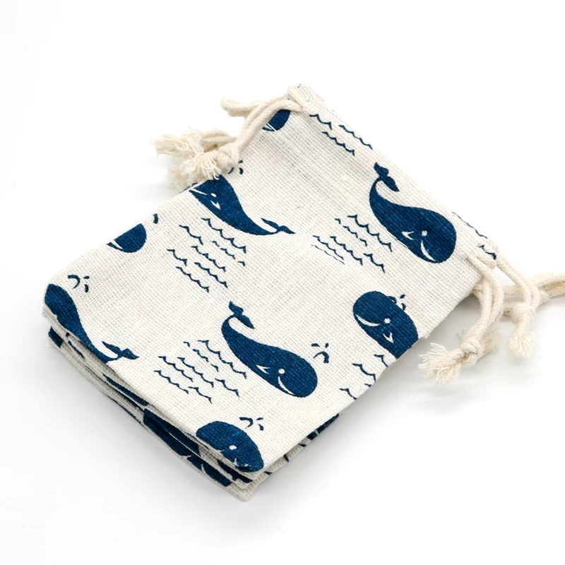 50pcs/lot Blue Whale Design Cotton Bags 10x14cm Small Drawstring Gift Bag Muslin Pouch Charms Boutique Jewelry Packaging Bags