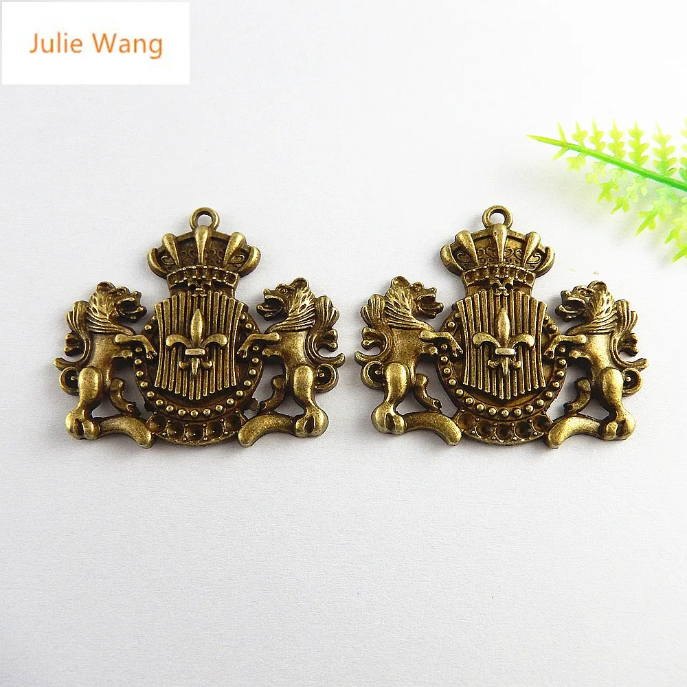 Julie Wang 5PCS Antique Bronze Lion Guardian Badge Charms Pendants Jewelry Making Necklace Gifts Key Chains Accessory