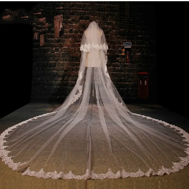 Voile de Mariage en Dentelle Blanche Ivoire de 3m et 2L, Accessoire Long, à Bords Complets, Fait à la Main, pour Patients, sur Mesure, avec Peigne Gratuit