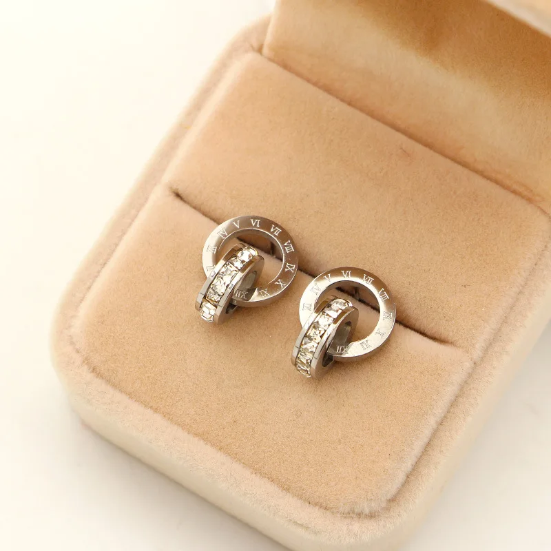 New super flash small crystal Roman digital double ring earrings fashion woman's earrings