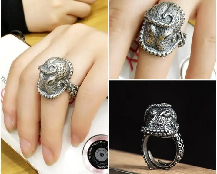Hiphop Rock 100% Solid 925 Sterling Silver Big Octopus Ring Opened Adjustable Unisex Punk Rings Personality Animal Jewelry