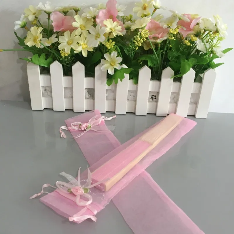 Free shipping 100pcs/lot pink color organza pouch gift bag for 21-23cm size hand fans with drawstring & decorative flower tie