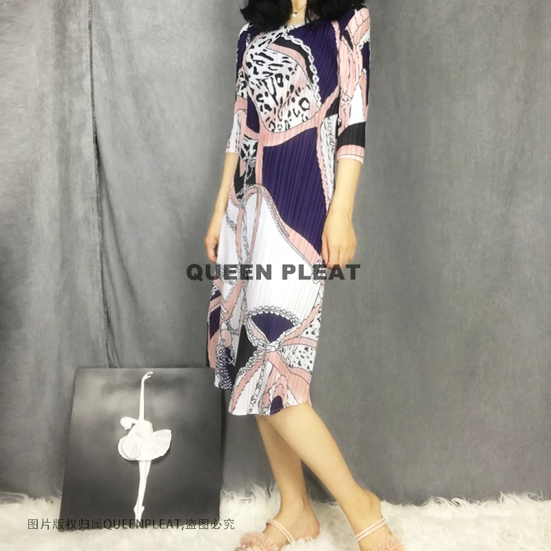 

HOT SELLING Miyake pleated print full dress slim elegant elegant medium-long IN STOCK