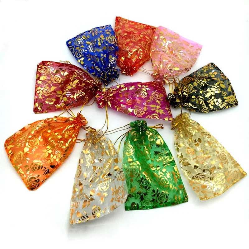 100Pcs/lot 7X9cm 9X12cm 11X16cm 13X18cm Gold Color Love Heart Rose Organza Bag Wedding Candy Gift Christmas Bags Jewelry Packing