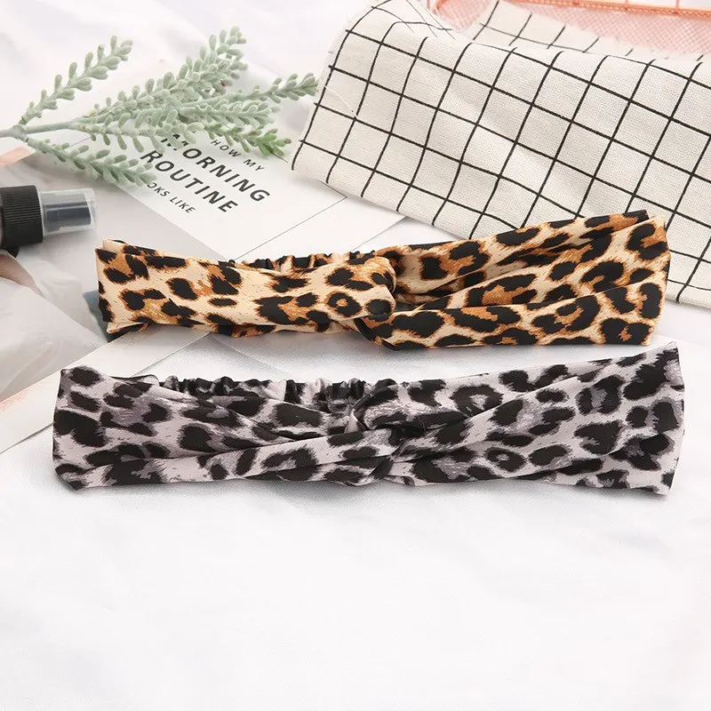 Diadema cruzada con estampado de leopardo para mujer, turbante, banda elástica trenzada para el cabello, accesorios para el cabello