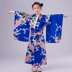 Japanese Kimono Girls Imitation Silk Peacock Printed Yukata Clothing Dress Kids Costume Traditional Costume Child