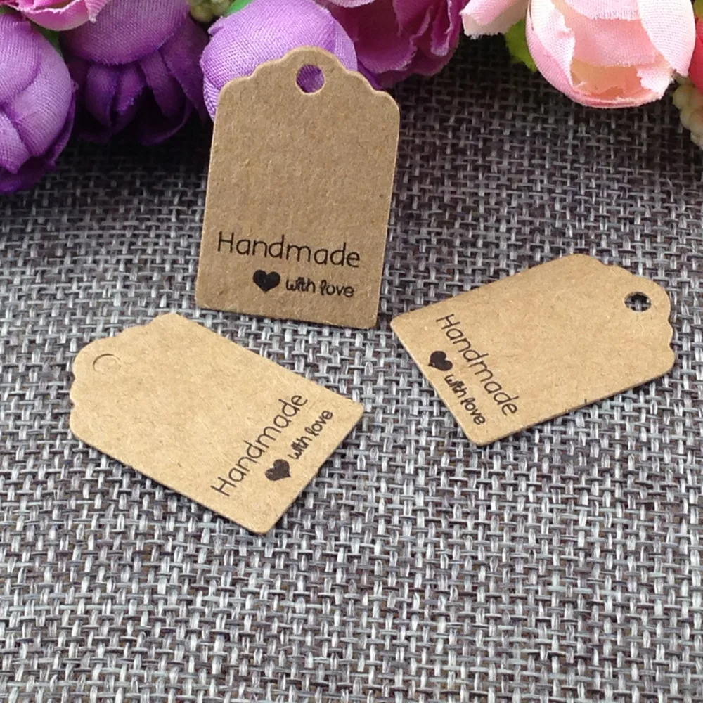 Size:3x2cm kraft tags 100PCS /lot hand made with love kraft Tag for gift box and Paper Cards DIY Gift Tags for Handmade cake