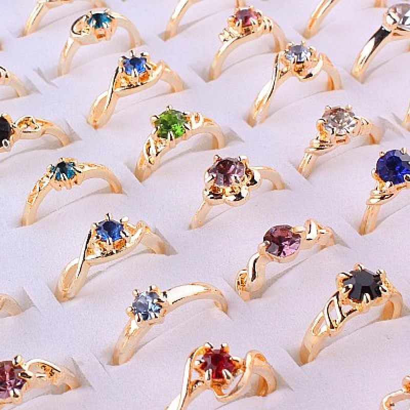 QianBei Wholesale 50pcs/Set New Female Crystal Rhinestone Golden Color Women Rings Engagement Wedding Jewelry