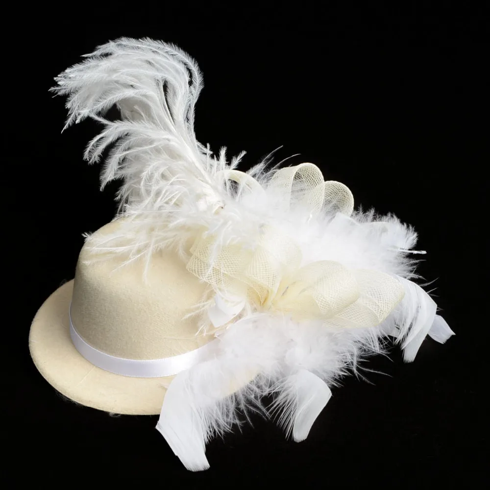 New Solid Cream Feather Mini Top Hat Organza Mesh Hair Clip Fascinator Wedding Bridal Party Brides Hair Accessories for women