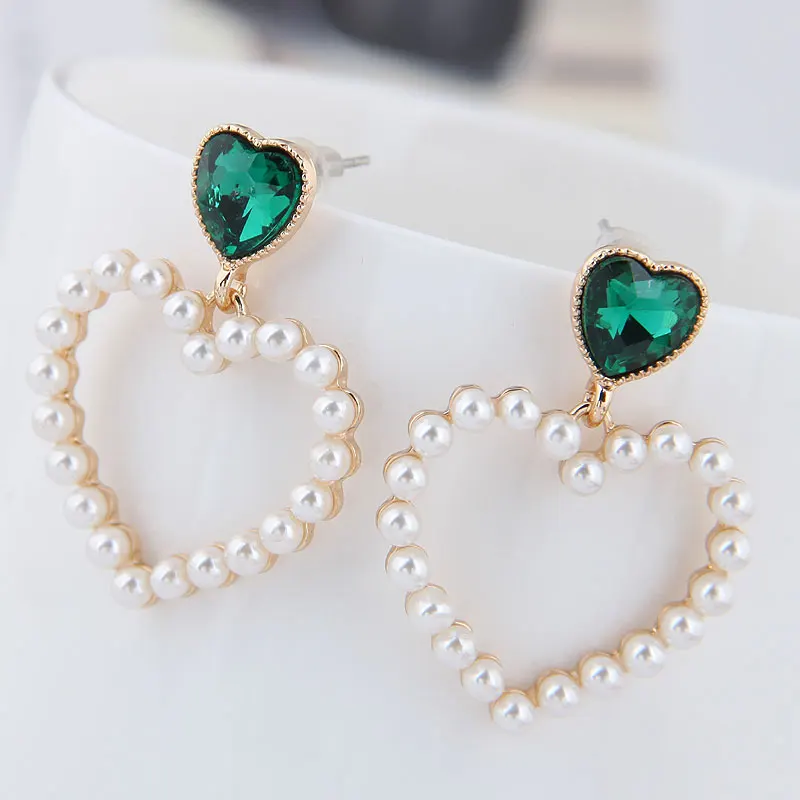 Kymyad Crystal Classic Heart Women Dangle Earrings Fashion Big Loving Earrings Imitation Pearl Jewelry Long Earrings New Jewelry