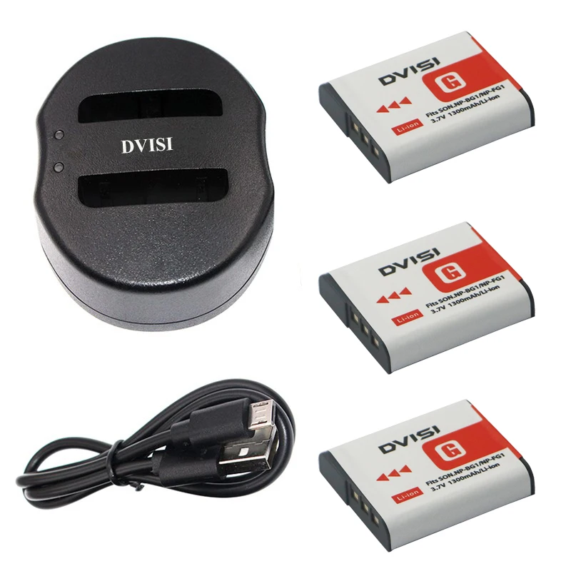 3 Pcs 1.3Ah NP-BG1 NP BG1 Camera Batteries+USB Charger for SONY Cyber-shot DSC-H3 DSC-H7 DSC-H9 DSC-H10 DSC-H20 DSC-H50 DSC-H55