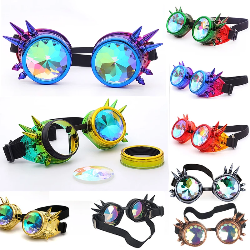 Hotselling Kaleidoscope Rainbow Glasses Crystal Lenses Men Women Rivet Steampunk Goggles Cosplay Vintage Gothic Eyewear