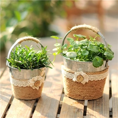 3pcs Rustic Iron Flowerpot With Lace & Rope Pot Home Garden Decoration Bucket Portable Metal Plant Candy Succulent Container